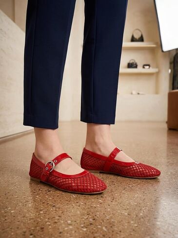 Women's Comfortable Casual Flat Shoes - Black Mesh Fishnet Mary Jane Ballet Flats with Buckle Strap for Work Outdoor in Kuwait