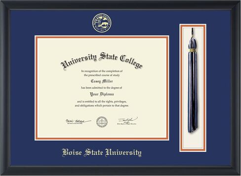 Boise State University 11" w x 8.5" h Tassel Diploma Frame - Fits a bachelor's - Gold Embossed Tassel & Cord Diploma Frame - Black Moulding with Royal Blue and Orange Matting in Kuwait