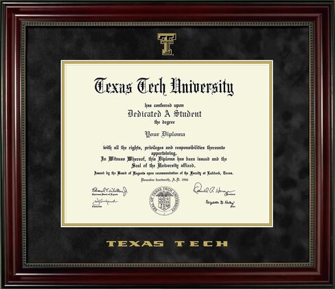 Texas Tech University Diploma Frame - Officially Licensed - Cherry Finish Wood with Bead Frame - Black Suede Mat with Gold Accent Mat in Kuwait