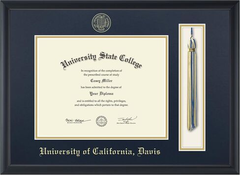 University of California Davis 11" w x 8.5" h Tassel Diploma Frame - Fits a bachelor's, master's and phd - Gold Embossed Tassel & Cord Diploma Frame - Officially Licensed in Kuwait