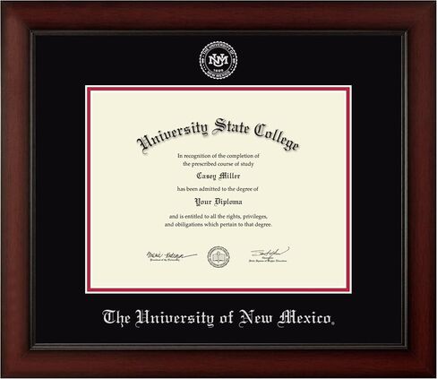 The University of New Mexico 11"w x 8.5"h Diploma Frame - Fits a bachelor's and master's - Silver Embossed Diploma Frame - Cherry Moulding with Black and Red Matting - Officially Licensed in Kuwait