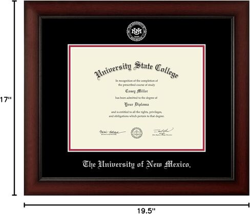 The University of New Mexico 11"w x 8.5"h Diploma Frame - Fits a bachelor's and master's - Silver Embossed Diploma Frame - Cherry Moulding with Black and Red Matting - Officially Licensed in Kuwait