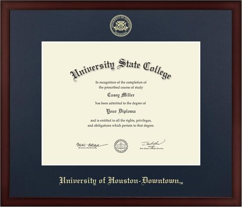 University of Houston Downtown 14" w x 11" h Diploma Frame - Fits a bachelor's, master's and phd - Gold Embossed Diploma Frame - Cherry Moulding with Navy Matting - Officially Licensed in Kuwait
