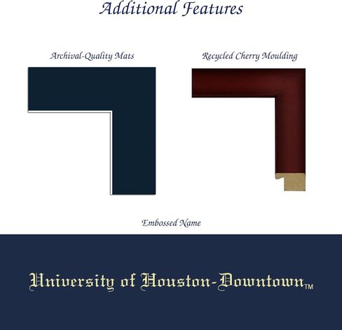 University of Houston Downtown 14" w x 11" h Diploma Frame - Fits a bachelor's, master's and phd - Gold Embossed Diploma Frame - Cherry Moulding with Navy Matting - Officially Licensed in Kuwait