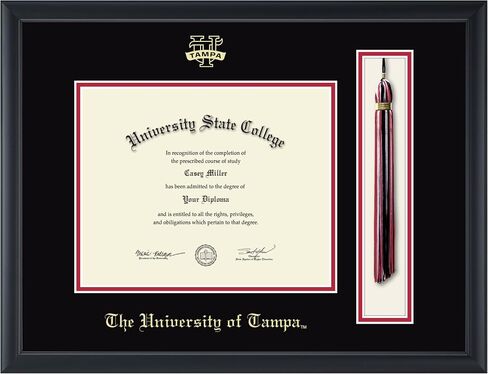 University of Tampa 10" w x 8" h Tassel Diploma Frame - Fits a bachelor's and master's - Gold Embossed Tassel & Cord Diploma Frame - Black Moulding with Black and Red Matting in Kuwait