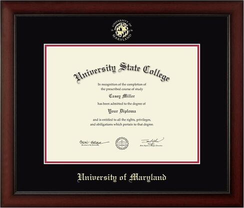 University of Maryland, College Park 17" w x 13" h Diploma Frame - Fits a bachelor's, master's and phd - Gold Embossed Diploma Frame - Cherry Moulding with Black and Red Matting in Kuwait