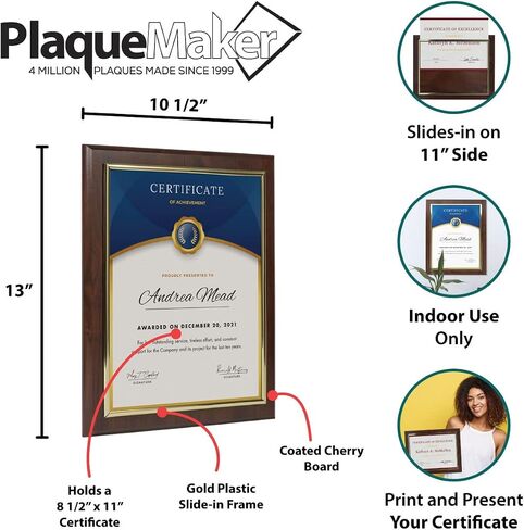 PlaqueMaker Pack of 10 - Slide in Document Plaque with Gold Frame and Coated Cherry Wood - Display Certificates, Diploma's, or Create A Custom Award with Our Easy to Use Slide in Kit in Saudi Arabia