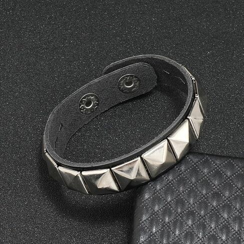 Punk Studded Bracelet Black Leather Rivets Bracelet Adjustable Cuff Bracelet Bangle Punk Jewelry for Men Women Rock Accessories (Square) in Kuwait