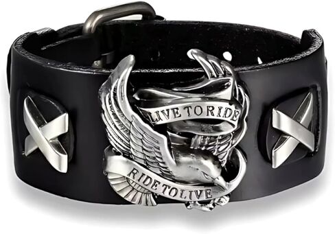 Genuine Leather Ride to Live Biker Bracelet, 0.7" Wide Cuff Eagle Wristband in Kuwait