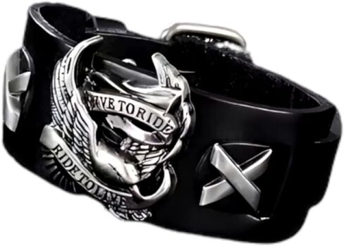 Genuine Leather Ride to Live Biker Bracelet, 0.7" Wide Cuff Eagle Wristband in Kuwait