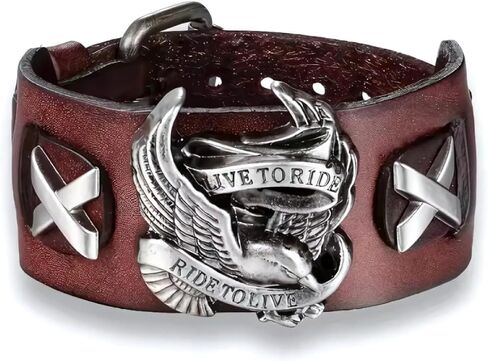 Genuine Leather Ride to Live Biker Bracelet, 0.7" Wide Cuff Eagle Wristband in Kuwait