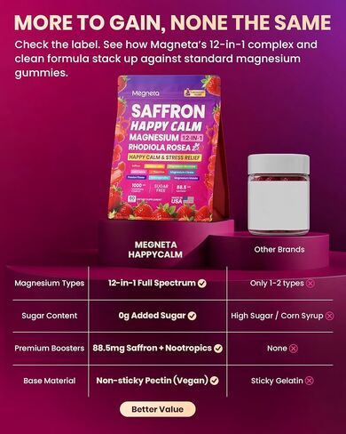 Magnesium Glycinate Gummies for Adults, Saffron Gummies with Rhodiola, L-Theanine & Ashwagandha - 21-in-1 Formula for Mood and Muscle Support, Stress Relief, Calm & Relaxation - Sugar-Free, 60 Count in Saudi Arabia