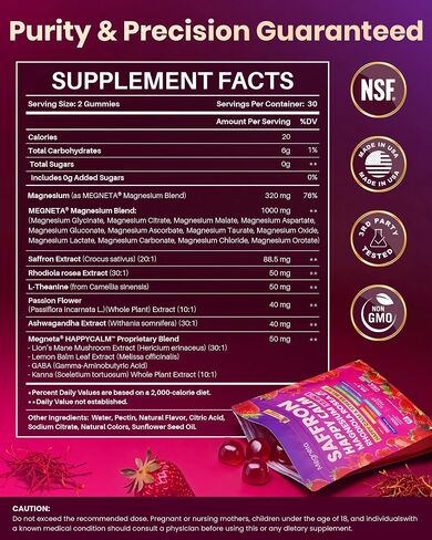 Magnesium Glycinate Gummies for Adults, Saffron Gummies with Rhodiola, L-Theanine & Ashwagandha - 21-in-1 Formula for Mood and Muscle Support, Stress Relief, Calm & Relaxation - Sugar-Free, 60 Count in Saudi Arabia