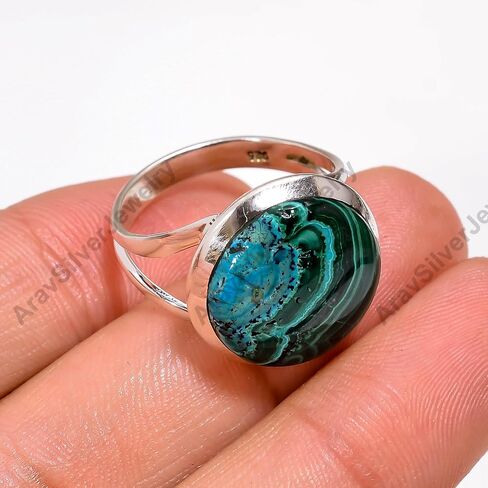 Azurite Malachite Gemstone 925 Sterling Silver Handmade Statement Boho Stacking Promise Blue Green Stone Ring Jewelry Gift for Women in Kuwait
