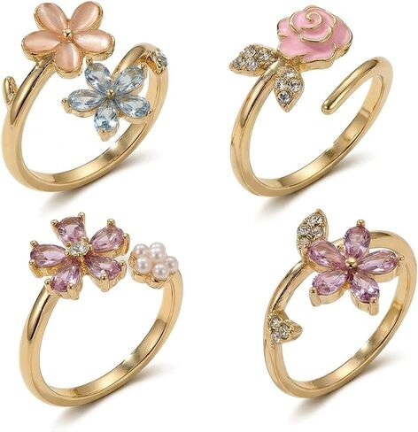 Flower Rings for Women, 4 pcs Stackable Rings Set, Adjustable Cute Pretty Birth Flower Ring, Chunky Gold Fairy Jewelry for Daily Wear & Gifting in Saudi Arabia