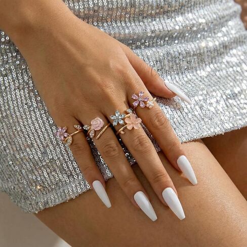 Flower Rings for Women, 4 pcs Stackable Rings Set, Adjustable Cute Pretty Birth Flower Ring, Chunky Gold Fairy Jewelry for Daily Wear & Gifting in Saudi Arabia