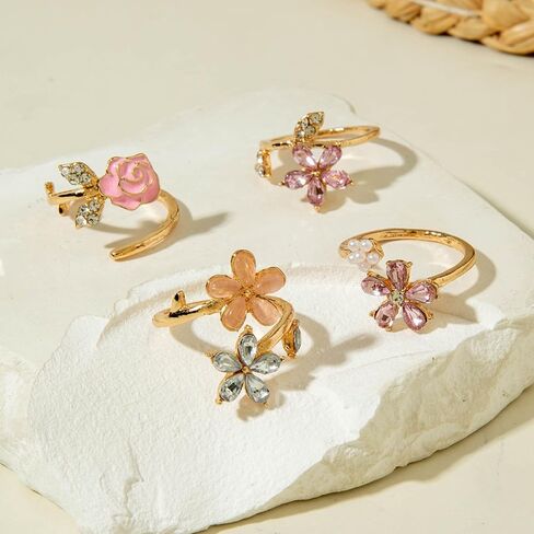 Flower Rings for Women, 4 pcs Stackable Rings Set, Adjustable Cute Pretty Birth Flower Ring, Chunky Gold Fairy Jewelry for Daily Wear & Gifting in Saudi Arabia