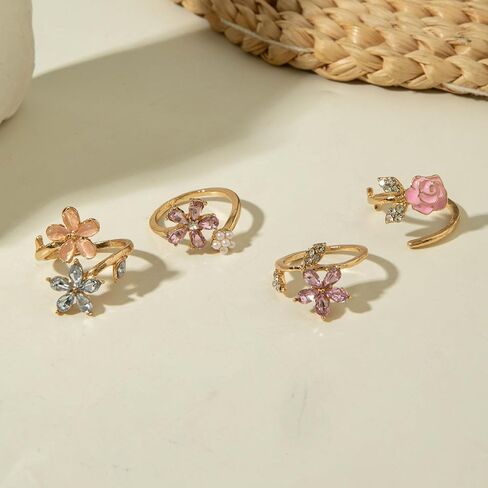 Flower Rings for Women, 4 pcs Stackable Rings Set, Adjustable Cute Pretty Birth Flower Ring, Chunky Gold Fairy Jewelry for Daily Wear & Gifting in Saudi Arabia
