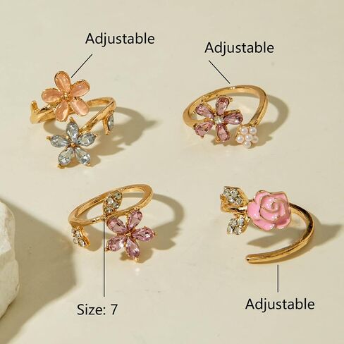 Flower Rings for Women, 4 pcs Stackable Rings Set, Adjustable Cute Pretty Birth Flower Ring, Chunky Gold Fairy Jewelry for Daily Wear & Gifting in Saudi Arabia