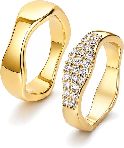 YANODA Chunky Wavy Gold Rings for Women, 14K Gold Plated Statement Rings with CZ Stackable Gold Rings Minimalist Fashion Jewelry for Everyday Wear Size 6 7 8 9 10 in Saudi Arabia