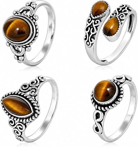 4-Pieces Natural Gemstones Rings Set – Set of Rings with 3 Elegant Solitaire Rings and 1 Adjustable Fit Handmade Vintage Style Jewelry Ring Sizes 6 to 10 for Women in Saudi Arabia
