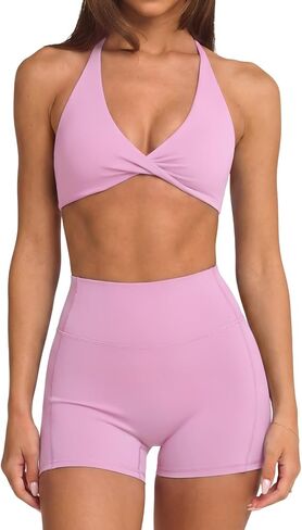 SUUKSESS Women 2 Piece Workout Sets Twist V Neck Sports Bra Yoga Gym Biker Short in Kuwait