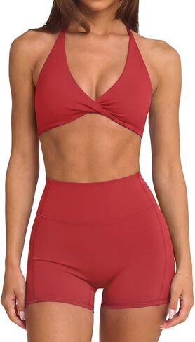 SUUKSESS Women 2 Piece Workout Sets Twist V Neck Sports Bra Yoga Gym Biker Short in Kuwait