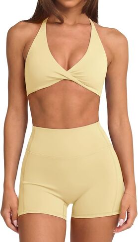 SUUKSESS Women 2 Piece Workout Sets Twist V Neck Sports Bra Yoga Gym Biker Short in Kuwait