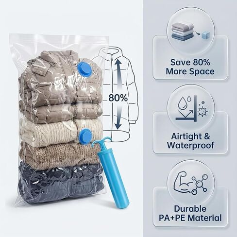 3 Pack Vacuum Storage Bags with Hand Pump, Space Saver Compression Bags for Clothing Travel, Vacuum Seal Bags for Clothes, Blankets, Comforters, Pillows, Luggage and Moving in Kuwait