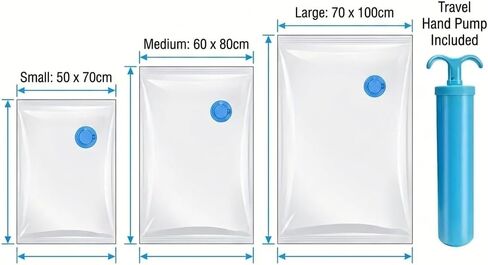 3 Pack Vacuum Storage Bags with Hand Pump, Space Saver Compression Bags for Clothing Travel, Vacuum Seal Bags for Clothes, Blankets, Comforters, Pillows, Luggage and Moving in Kuwait