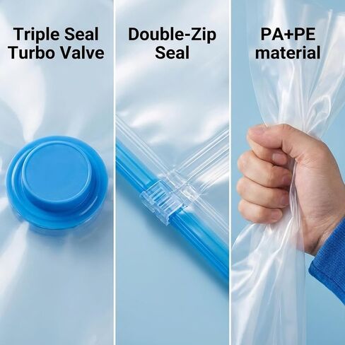 3 Pack Vacuum Storage Bags with Hand Pump, Space Saver Compression Bags for Clothing Travel, Vacuum Seal Bags for Clothes, Blankets, Comforters, Pillows, Luggage and Moving in Kuwait