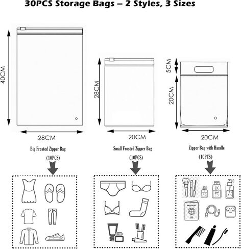 Travel Storage Bags, 30PCS Resealable Ziplock Bags Clear Bag & Frosted Zip lock Seal Clothes Bags Hospital Waterproof Luggage Organiser for Clothes Shoes Cosmetics in Saudi Arabia