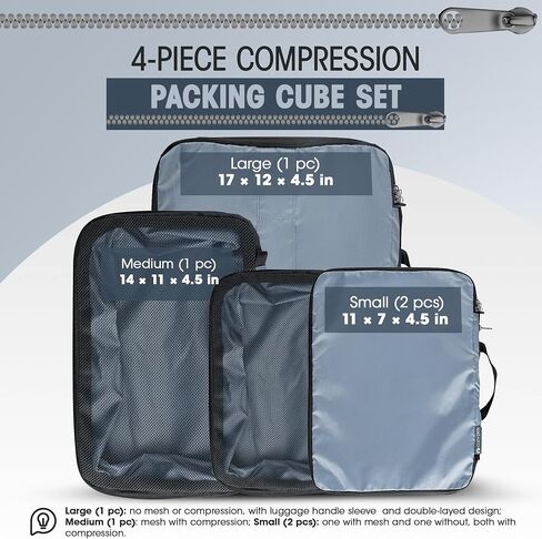Cozy Den 4-Piece Compression Packing Cubes Set with Sturdy Zippers, Gray Travel Luggage Organizers with Space Saving Design for Carry-on Travelers, Family Organizers & Home Storage in Saudi Arabia