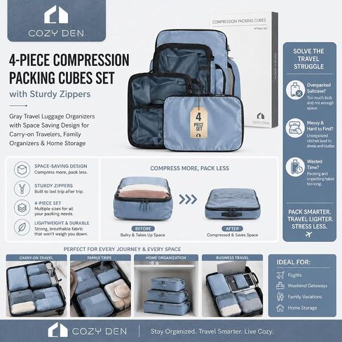 Cozy Den 4-Piece Compression Packing Cubes Set with Sturdy Zippers, Gray Travel Luggage Organizers with Space Saving Design for Carry-on Travelers, Family Organizers & Home Storage in Saudi Arabia