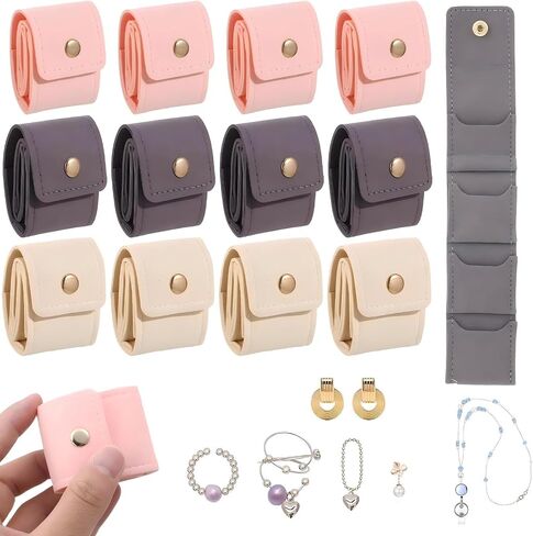 12 Pack Mini Jewelry Travel Pouch, Foldable Leather Jewelry Organizer Pouch Compact Case with Buckle Travel Accessories for Necklaces, Rings & Earrings (Beige, Pink, Gray) in Saudi Arabia