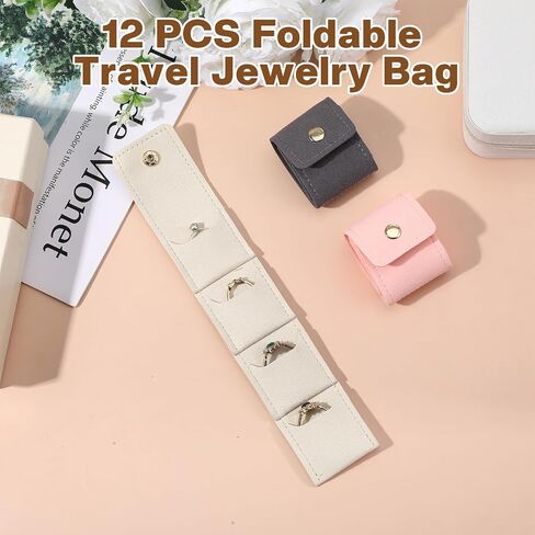 12 Pack Mini Jewelry Travel Pouch, Foldable Leather Jewelry Organizer Pouch Compact Case with Buckle Travel Accessories for Necklaces, Rings & Earrings (Beige, Pink, Gray) in Saudi Arabia