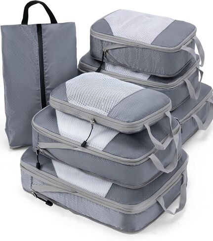 Meowoo 7 Set Compression Packing Cubes for Travel, Durable Ripstop Mesh Suitcase Organizer with Shoe Bag, Ultralight & Expandable Space Saver Travel Cubes in Saudi Arabia