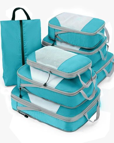 Meowoo 7 Set Compression Packing Cubes for Travel, Durable Ripstop Mesh Suitcase Organizer with Shoe Bag, Ultralight & Expandable Space Saver Travel Cubes in Saudi Arabia