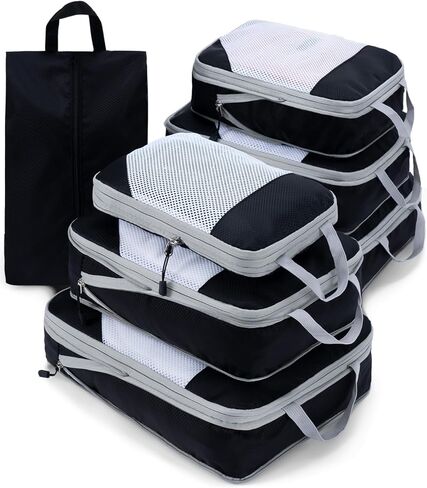 Meowoo 7 Set Compression Packing Cubes for Travel, Durable Ripstop Mesh Suitcase Organizer with Shoe Bag, Ultralight & Expandable Space Saver Travel Cubes in Saudi Arabia