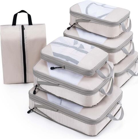 Meowoo 7 Set Compression Packing Cubes for Travel, Durable Ripstop Mesh Suitcase Organizer with Shoe Bag, Ultralight & Expandable Space Saver Travel Cubes in Saudi Arabia