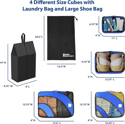 Simple Houseware 8-Set Packing Cubes for Travel, Luggage Organizer with Laundry Bag, Shoe Bag & Clear Pocket Label, Blue in Kuwait