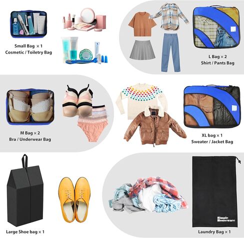 Simple Houseware 8-Set Packing Cubes for Travel, Luggage Organizer with Laundry Bag, Shoe Bag & Clear Pocket Label, Blue in Kuwait