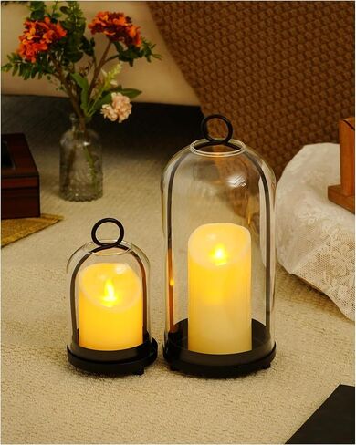 Glass Hurricane Candle Holders for Pillar Candles, Set of 2 (5" & 4" Wide) with Lamp Shape Glass Dome & Brass Base for Farmhouse, Shabby Chic Vintage Decor (Antique Brass) in Saudi Arabia