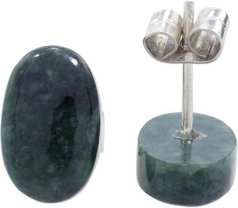 أقراط NOVICA المصنوعة يدويًا على شكل زر من اليشم باللون الأخضر الداكن بيضاوية من الفضة الاسترليني الغواتيمالية [0.6 بوصة طول × 0.5 بوصة عرض] ' بساطة بيضاوية باللون الأخضر الداكن' in Kuwait
