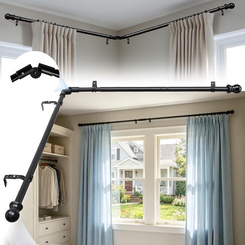 1 Inch Bay Window Curtain Rods 32-96 Inch Retractable Metal Corner Curtain Rods for Blackout Curtains with Wall Mount White Round Finials in Kuwait