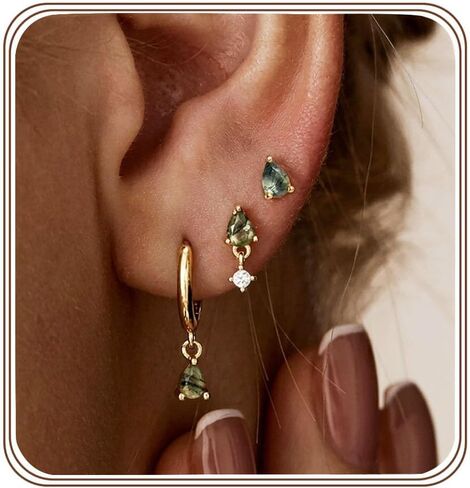 Moss Agate Gold Earrings for Women Set Stud Earring Stacks 14k Gold Plated Hypoallergenic Huggie Hoop Earrings Set Green Gemstone Dangle Earring Golden Jewelry Gifts For Women in Saudi Arabia