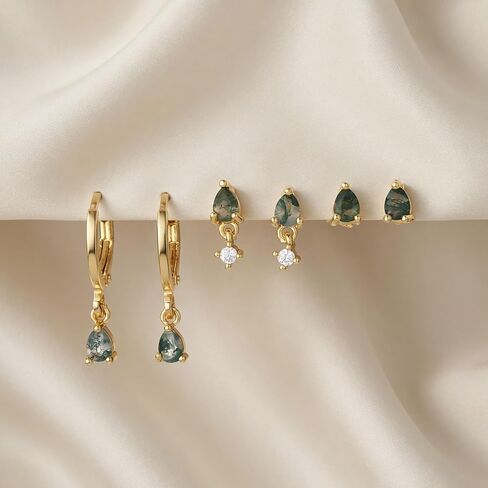 Moss Agate Gold Earrings for Women Set Stud Earring Stacks 14k Gold Plated Hypoallergenic Huggie Hoop Earrings Set Green Gemstone Dangle Earring Golden Jewelry Gifts For Women in Saudi Arabia