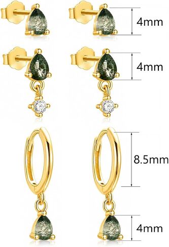Moss Agate Gold Earrings for Women Set Stud Earring Stacks 14k Gold Plated Hypoallergenic Huggie Hoop Earrings Set Green Gemstone Dangle Earring Golden Jewelry Gifts For Women in Saudi Arabia