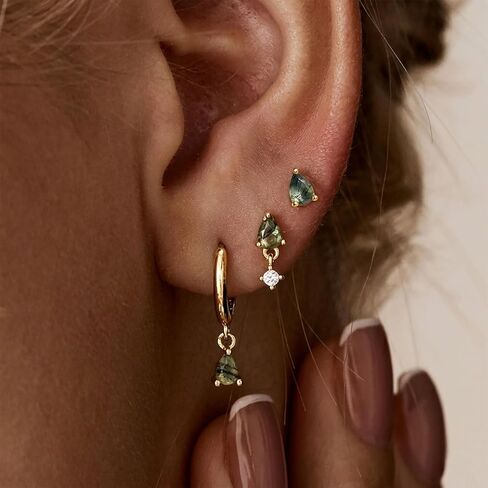 Moss Agate Gold Earrings for Women Set Stud Earring Stacks 14k Gold Plated Hypoallergenic Huggie Hoop Earrings Set Green Gemstone Dangle Earring Golden Jewelry Gifts For Women in Saudi Arabia