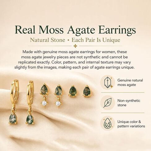 Moss Agate Gold Earrings for Women Set Stud Earring Stacks 14k Gold Plated Hypoallergenic Huggie Hoop Earrings Set Green Gemstone Dangle Earring Golden Jewelry Gifts For Women in Saudi Arabia